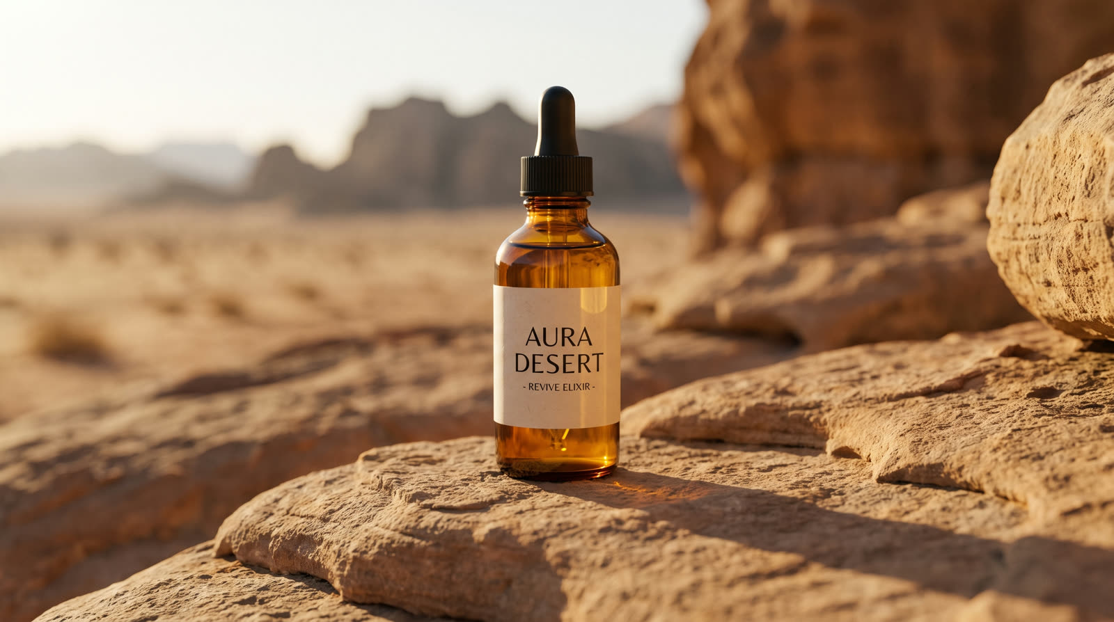 Foto di prodotto di un flacone skincare nella luce del deserto